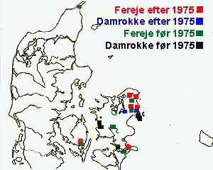 Udbredelseskort for Bladfdder i Danmark baseret p Jakob Damgaard og Jrgen Olesens Rapport fra 1997.(25799 bytes)